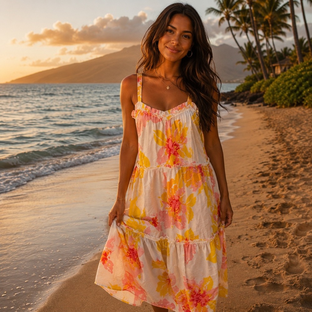 Free People Women's Yellow Pink Floral Tiered Ruffle Midi Sundress Size XS